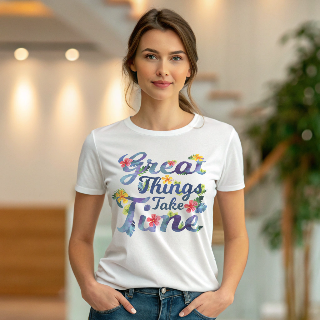 Great Things Take Time – Floral Motivational Unisex T-Shirt
