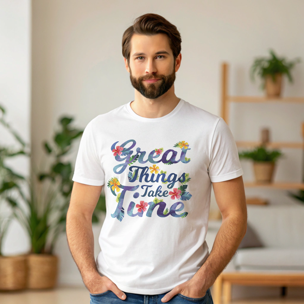 Great Things Take Time – Floral Motivational Unisex T-Shirt